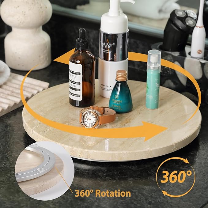 Travertine Lazy Susan for Table Top, 12 in Lazy Susan Turntable Organizer for Cabinet Pantry Kitchen Countertop Fridge Bathroom Makeup Vanity Countertop