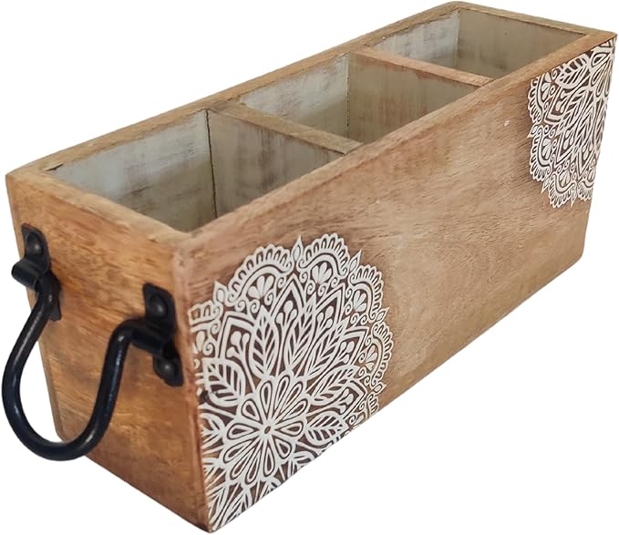 VANIYA CRAFTSR® Handmade Wooden Carved Design Compartments Cutlery Utensil Holder For Napkins, Spoons, Forks, Tissues, Knife Natural finish (Natural White Finish)