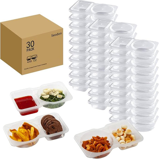 Snack Containers Double Compartment Snack Packs with Lids Grab and Go Snack Prep Box Meal Prep 2 Compartments Condiment Dipping Containers (30 Pcs)