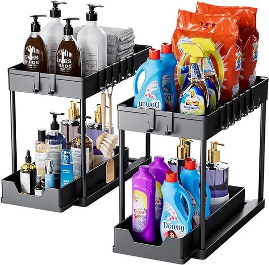 mosala Under Sink Organizers and Storage 2 Pack - 2 Tier Sliding Bathroom Cabinet Organizer with Hooks - Multi-Purpose Under The Sink Organizer Kitchen - Black