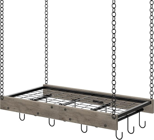 Hanging Pot Rack, Vintage Pot Hangers for Kitchen, Ceiling Mounted Pot Rack, Pot and Pan Hanging Rack with 12 S-Shaped Hooks, for Cookware Storage, Greige and Black TPR01BG