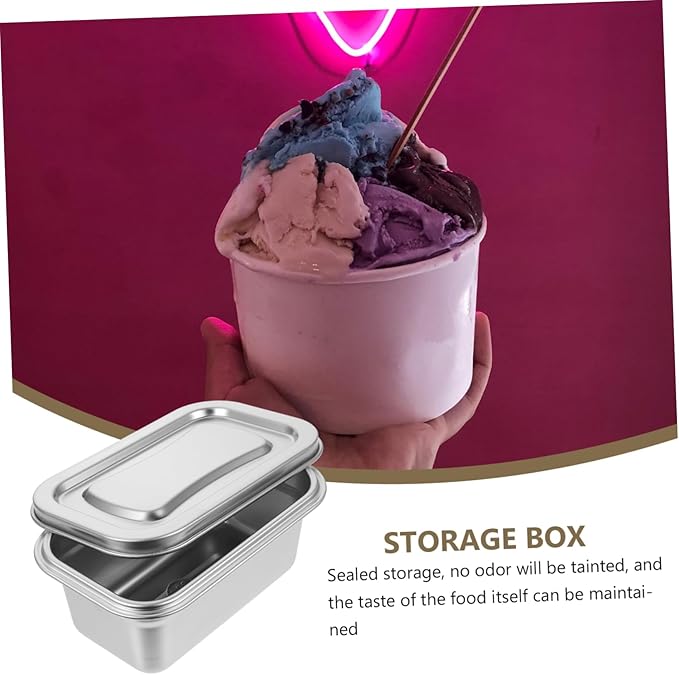 DOITOOL Reusable Ice Cream Storage Containers for Freezer with Lids Stainless Steel Freezer Box Insulated Ice Cream Tub Fridge Organizer Box for Refrigerator, 17 X 11 X 7cm