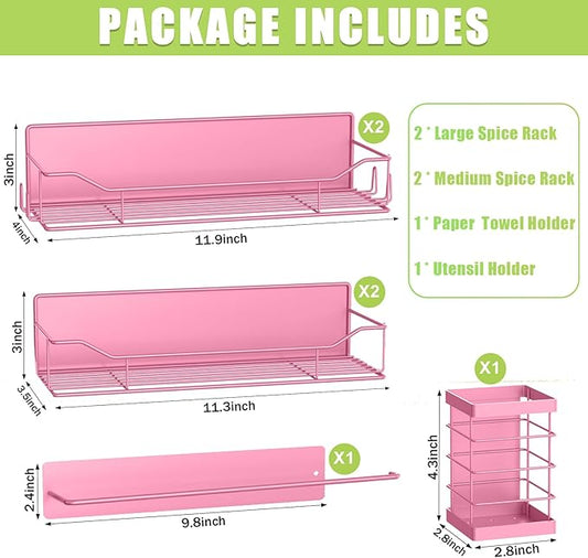 Magnetic Spice Rack for Refrigerator, 6 Pack Strong Magnet Spice Organizer with Paper Towel Holder, Utensil Holder, Moveable Magnetic Fridge Shelf for Kitchen Organization and Storage (Pink)