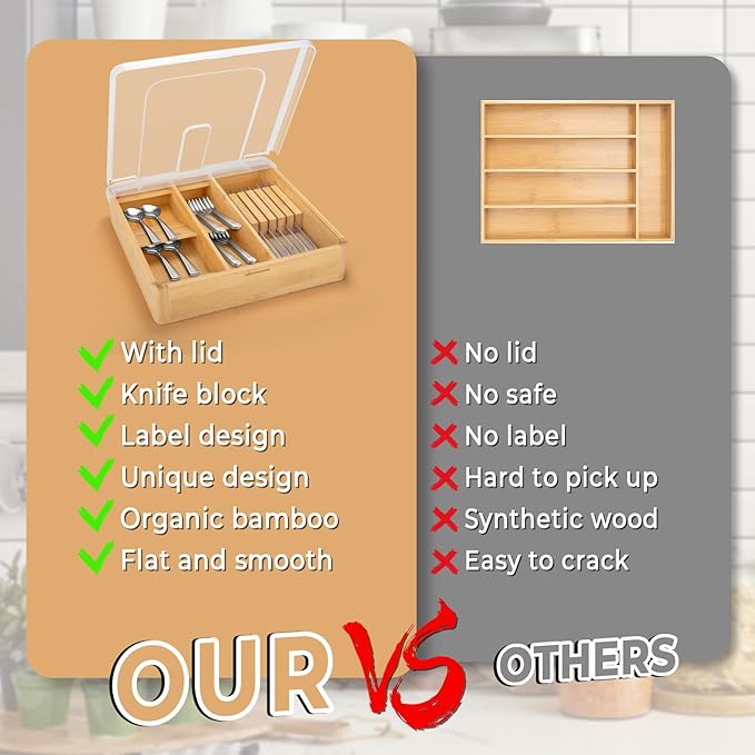 Bamboo Silverware Tray with Lid, Compact Bamboo Utensil Organizer for Kitchen Drawers Countertop, Dust-proof Sturdy Flatware Organizers and Storage Holder with Labels, Steak Knife Block
