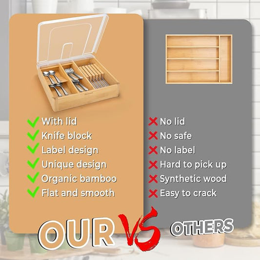 Bamboo Silverware Tray with Lid, Compact Bamboo Utensil Organizer for Kitchen Drawers Countertop, Dust-proof Sturdy Flatware Organizers and Storage Holder with Labels, Steak Knife Block