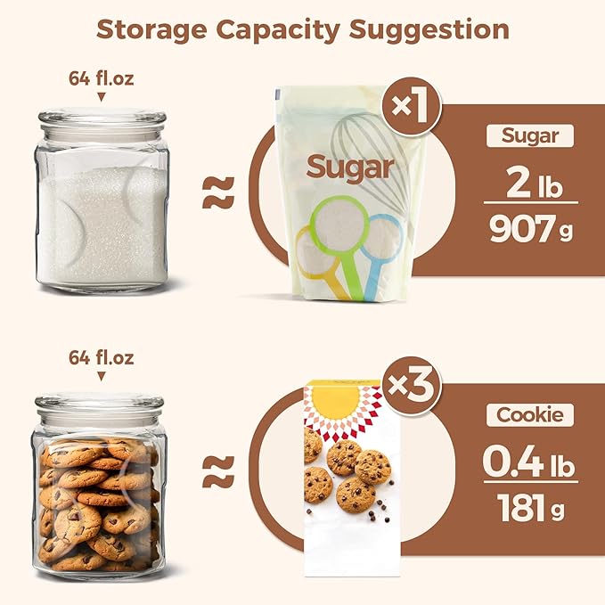 ComSaf Glass Jars with Lids 64oz, Large Glass Storage Containers with Lids, Flour Sugar Storage Containers, Half Gallon Jars for Kitchen Storage and Laundry Room Organization, Set of 2