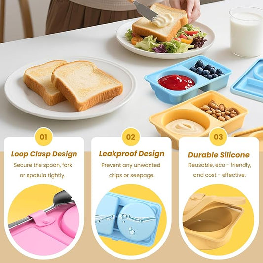 Silicone Reusable Snack Containers with Lids, 3 Pack Double/2 Compartment Snackle Box Container for Salad Sauce, Condiment Containers with Lids for Portion Control, Travel, Picnic