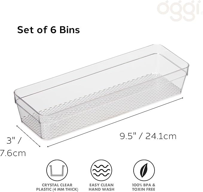 Oggi Clear Drawer Organizer - 3" X 9.5" (Set of 6) - Ideal for Organizing Kitchen Drawers, Office, Desk, Silverware, Kitchen Utensils, Cosmetics and Bathrooms