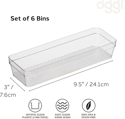 Oggi Clear Drawer Organizer - 3" X 9.5" (Set of 6) - Ideal for Organizing Kitchen Drawers, Office, Desk, Silverware, Kitchen Utensils, Cosmetics and Bathrooms