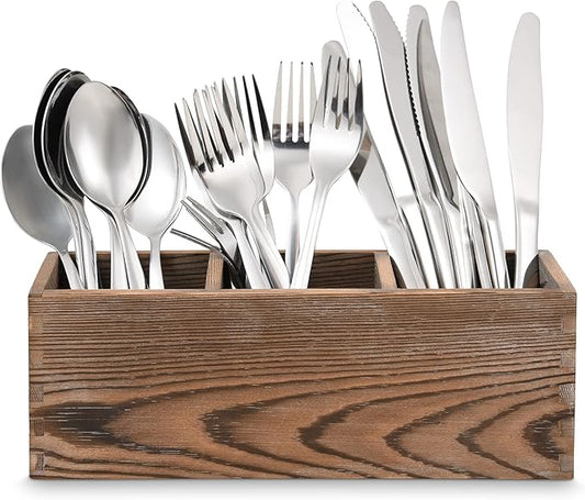 Wooden Silverware Organizer, 3 Spacious Compartments Cooking Spatula Holder, Silverware Storage Kitchen Utensil Flatware Caddy