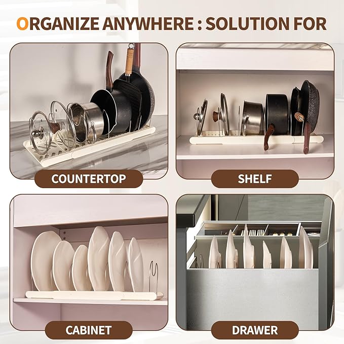 Stainless Steel Adjustable Dividers Pot and Pan Organizer Rack, Expandable 12'-23.2' Wide, White, 7 Shelves, Kitchen Cabinet Organizer