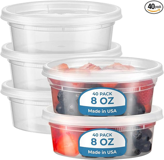 Fit Meal Prep 40 Pack 8 oz Deli Containers with Lids, US Made Airtight Leakproof Plastic Soup Container, Round Clear Small Food Storage Containers for Takeout Restaurant, Microwave Freezer Safe