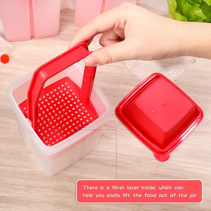 Chengu 3 Pieces Jalapeno Pickle Containers with Strainers Square Dispensers Free Storage of Condiment Food Pickle Holder with Easy to Open Lid Design for Pickled Kitchen Tools(Red)
