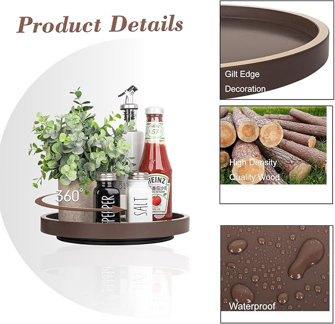 Lazy Susan Organizer for Table Top, Kitchen Countertop Organizer Wooden Lazy Susan Turntable for Cabinet, Spice and Soap Organizer Rack Bathroom Sink Tray for Vanity, 10 Inch, Brown Brushed Gold