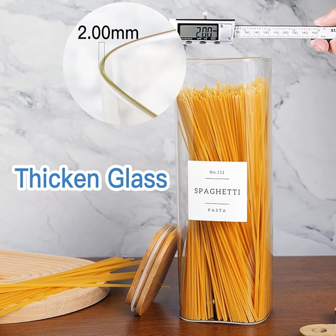 5 Pack Square Glass Pantry Storage Containers with 132 Kitchen Food Pantry Labels - Clear Glass Jars with Airtight Wood Bamboo Lids - Glass Canisters for Cookies, Nuts, Cereal