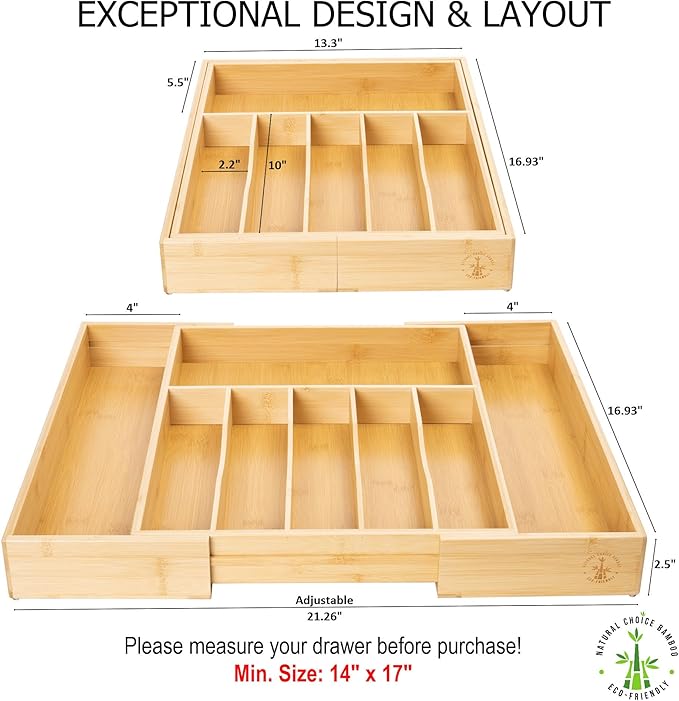 Premium Silverware, Flatware and Utensil Organizer for Kitchen Drawers. Extra Large and Expandable from 13 to 21 Inches - 8 Compartments [2.5 Inches Deep] *Bamboo Utensils Included - 100% Bamboo.
