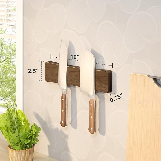Magnetic Knife Holder for Wall, 10" Acacia Wood No Drill Knife Magnet Strip Use as Tool Key Storage Knife Bar, Powerful Wall Mounted Magnetic Knife Rack for Refrigerator & Kitchen Utensil Organizer
