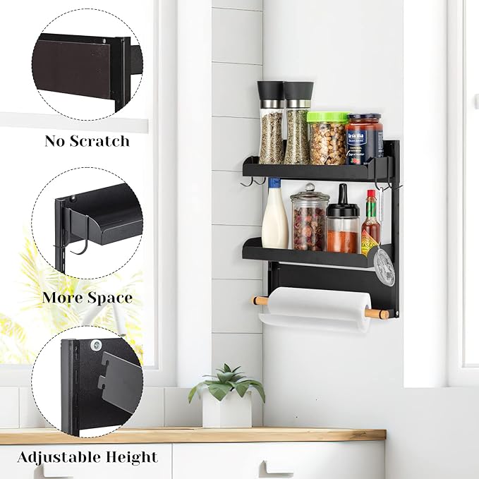 Magnetic Spice Rack, 2 Tier Magnetic Spice Organizer for Refrigerator, Magnetic Shelf with Paper Towel Holder for Kitchen Storage