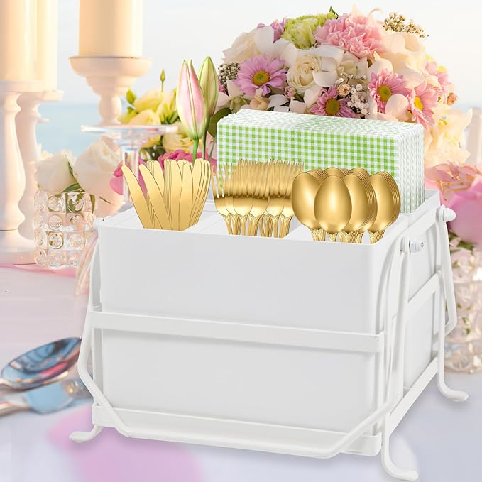 Silverware Caddy Utensil Holder With Handle,Outdoor Silverware Holder Picnic Caddy and Camping Utensil Organizer, Flatware Holder for Party Gatherings, Metal -White