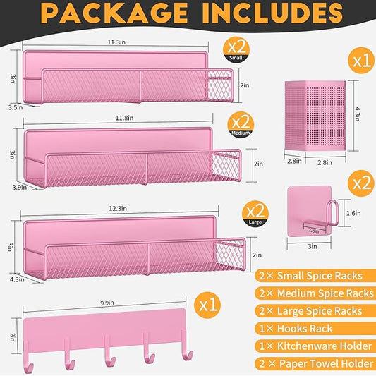 Magnetic Spice Rack for Refrigerator, 10 Pack Metal Magnetic Shelf, Moveable Spice Organizer with Hook Rack, Paper Towel Holder, Kitchenware Holder, Strong Magnetic Storage Fridge Organizer Pink