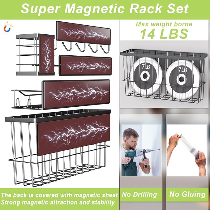 Magnetic Spice Rack for Refrigerator, 7 Pack Magnetic Fridge Shelf for Kitchen Organization Storage, Moveable Spice Organizer W/Paper Towel Holder, Utensil Caddy, Cutting Board Rack (Black)