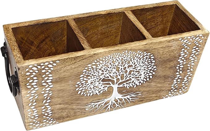 VANIYA CRAFTSR® Handmade Wooden Carved Design Compartments Cutlery Utensil Holder For Napkins, Spoons, Forks, Tissues, Knife Natural finish (Natural White 6)