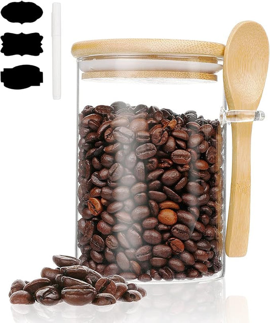 Glass Sugar Jar with Bamboo Lid - 15oz Sugar Container with Spoon and Labels and Pen Make Storage Easy, Borosilicate Glass Jars for Coffee Beans, Tea, Sugar, Bath Salt, Overnight Oats and More
