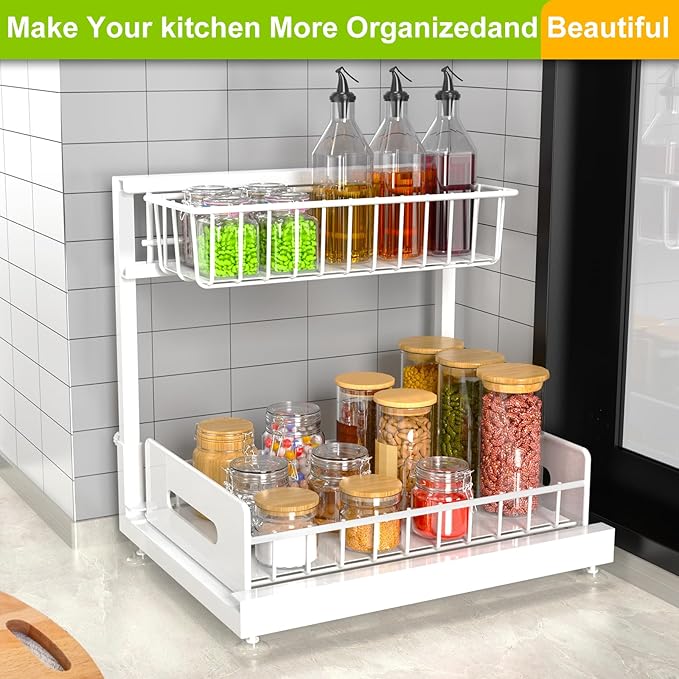 Under Sink Organizer,Pull Out Cabinet Organizer 2 Tier Slide Out Sink Shelf Cabinet Organizer and Storage,Adjustable Metal Under Counter Organizer for Kitchen Bathroom Organization White