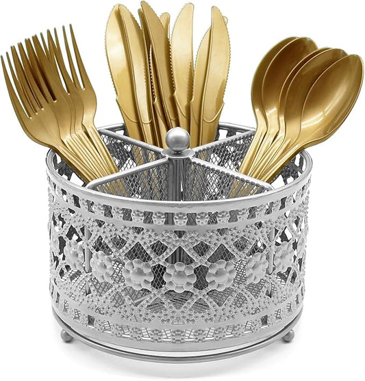 360° Rotating Metal Utensil Caddy - 4 Compartment Vintage Silverware Cutlery Holder Fork Spoon Napkin Organizer Flatware Storage Basket Party Countertop Buffet Picnic Camping Outdoor Silver