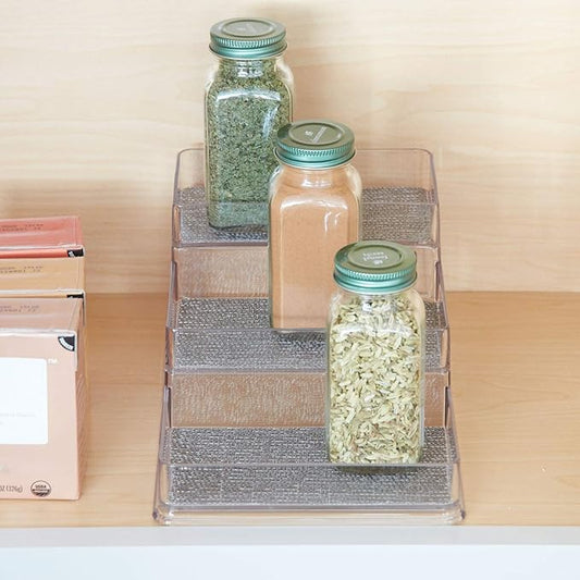 iDesign Twillo Plastic Stadium Spice Rack, 3-Tier Organizer for Kitchen Pantry, Cabinet, Countertops, Vanity, Office, Craft Room, 10.3" x 6" x 4", Metallico and Clear