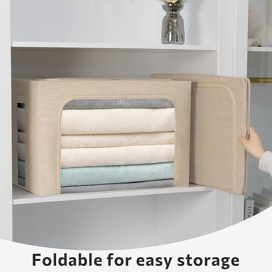 2 Pack Clear Window Storage Bins Foldable Fabric Storage Bins Boxes for Clothes Stackable Box Organizer Set with Carrying Handles (Beige, 22L,15.7x 11.8x 7.8 Inch)