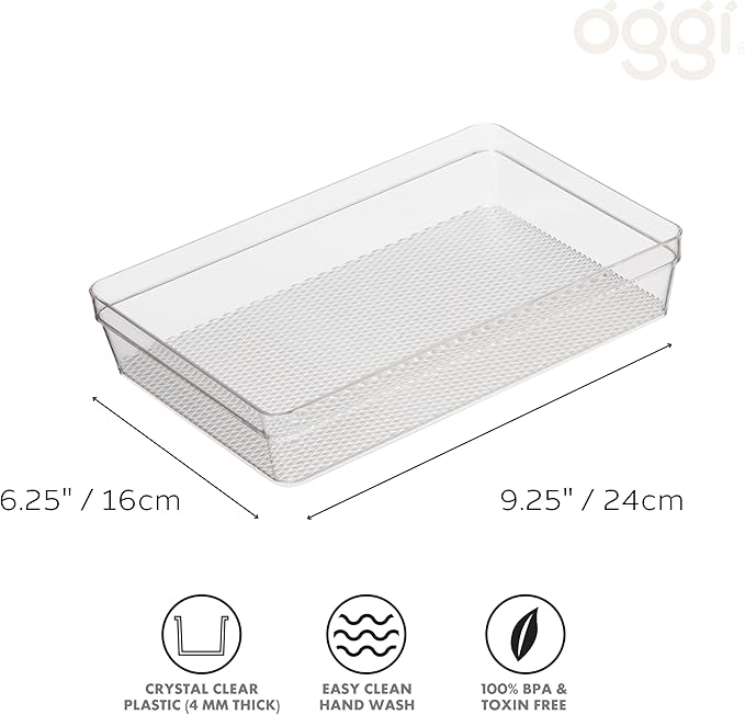 Oggi Drawer Organizer - 6" X 9" - Ideal for Organizing Kitchen Drawers, Office, Desk, Silverware, Kitchen Utensils, Cosmetics and Bathrooms, Rectangular, Clear, 1.0 Count
