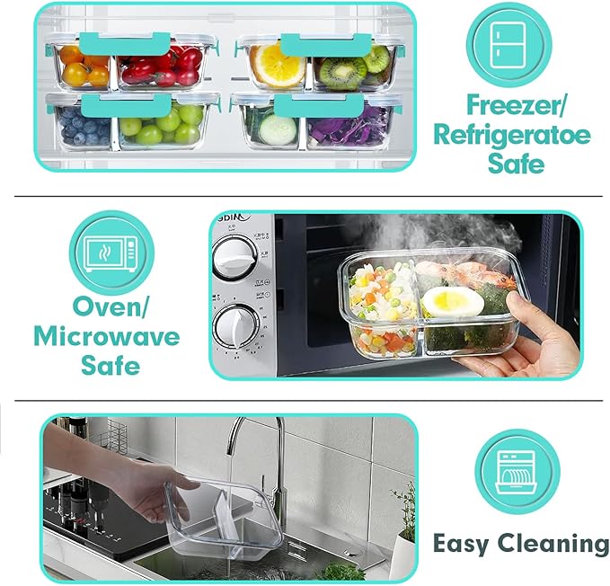VERONES 10 Pack Glass Meal Prep Containers 2 Compartment Set, 30 OZ Airtight Glass Lunch Containers, Glass Food Storage Containers with Lids, for Microwave, Oven, Freezer & Dishwasher Friendly，Green