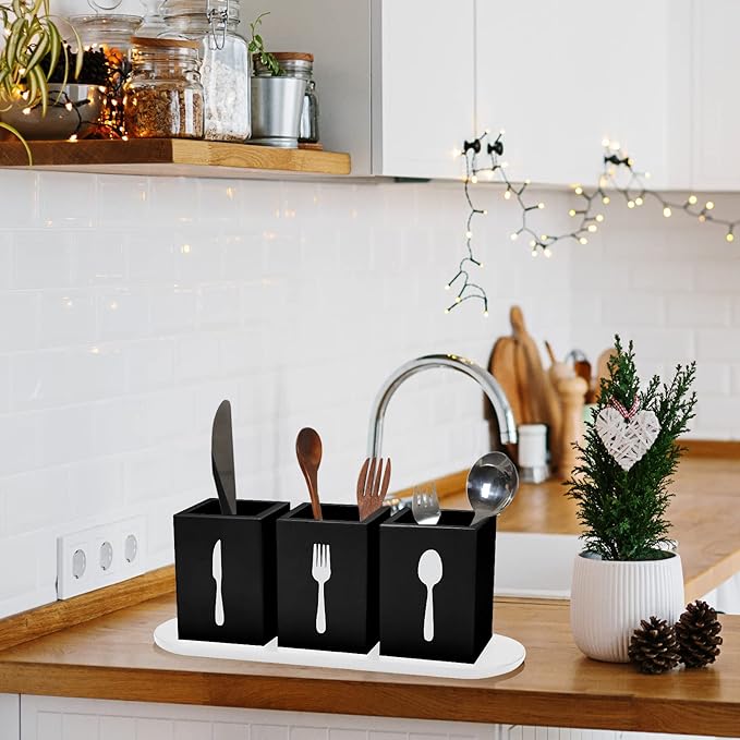 Kathfly 4 Pcs Silverware Caddy Utensil Holder for Countertop Silverware Organizer with Wood Tray Spoon Fork Holder 3. 15 x 3. 15 x 4. 53 Inches of Each Organizer for Kitchen Parties(Black)