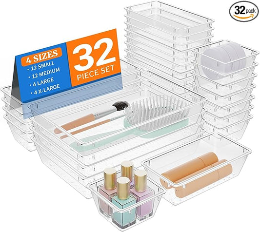 32 PCS Clear Plastic Drawer Organizer Set, 4-Size vanity organizer Trays and Storage Bins for Makeup, Jewelry and Gadgets in Bedroom, Bathroom and Office, Clear
