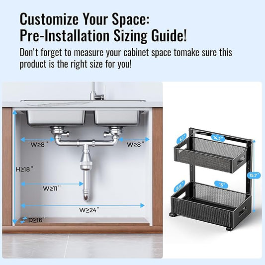 Under Sink Organizer, 2-Tier Metal Under Sink Organizers and Storage, Slide Out Pull Out Cabinet Organizer for Kitchen, Bathroom, Pantry, Laundry, Study, Black