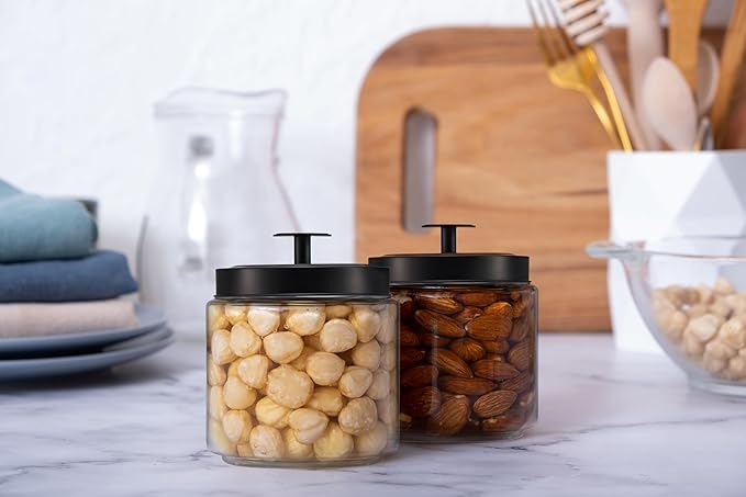 KooK Glass Kitchen Canister Set, Food & Storage Containers for Pantry, Bathroom Apothecary Jars, Tinplate tight Lids, Counter Organizers, 50 oz, Black, Set of 2