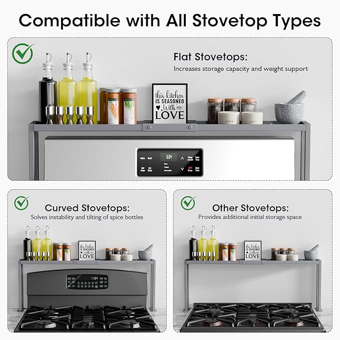 Bumusty Spice Rack Shelf for Kitchen Stove, 32" Stove Top Shelf, Stove Shelf for Back of Stove, Over the Stove Shelf, Kitchen Organizers, Oven Shelf for Top of Stove, Grey