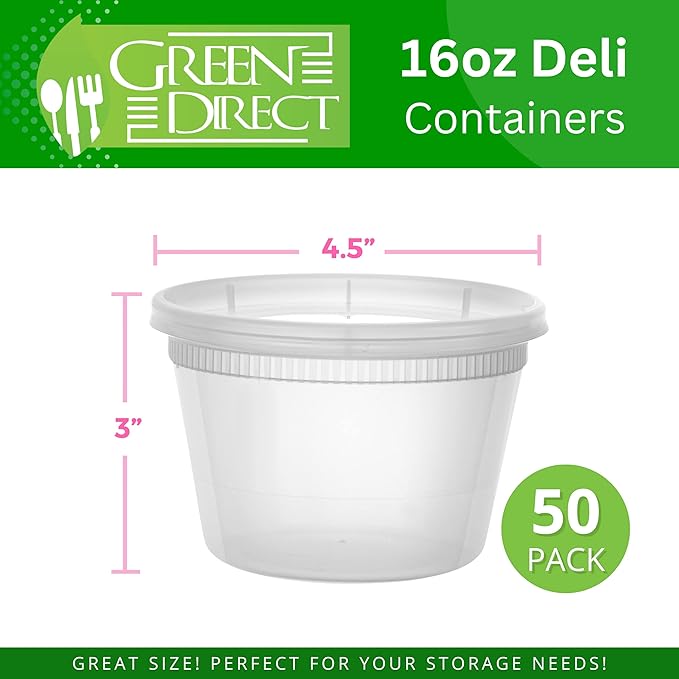 Green Direct 16 oz. Disposable Clear Plastic Containers with Lids 50 Pack, Lunch Leakproof Round Food Storage Containers, Freezer Safe for Food
