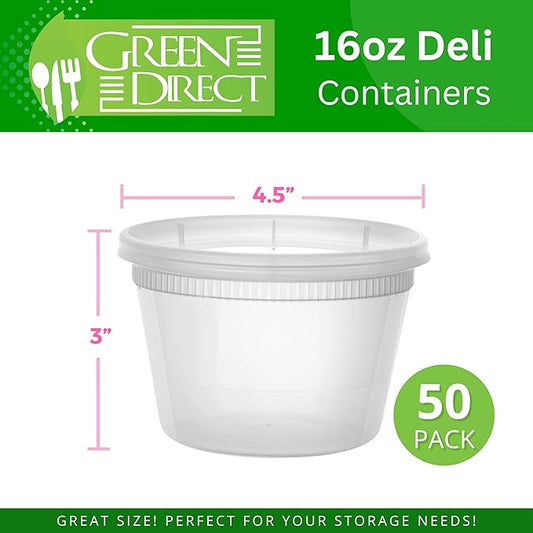 Green Direct 16 oz. Disposable Clear Plastic Containers with Lids 50 Pack, Lunch Leakproof Round Food Storage Containers, Freezer Safe for Food
