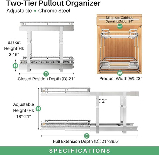 Kitstorack Pull out Cabinet Organizer,2 Tier Heavy Duty Smooth Sliding Under Cabinet Shelves for Pots and Pans,Roll out Drawers with Thickened Chrome Plating(23" W X 21" D)