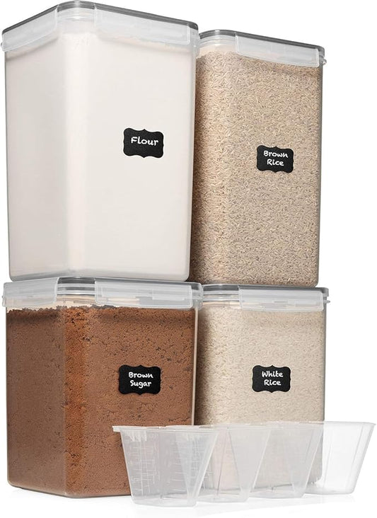 WHITE FEATHER SUPPLIES 4 Pc Flour Sugar Storage Container, Large Food Storage Containers with Lids Airtight for Kitchen, BPA Free Plastic Cereal Containers Storage [2 X 6.5 + 2 X 5.2] 4 Measuring Cup