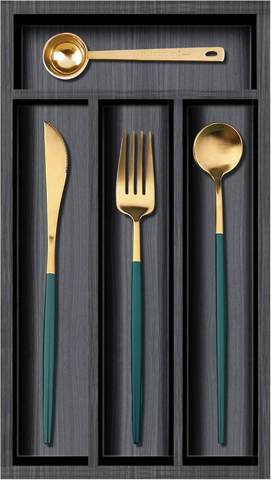Small Cutlery Tray Narrow Wooden Silverware Organizer 12"x6.7" Spoon Kitchen Utensil Holder for Drawer Divider Bamboo Cutlery Drawer Organizers Storage Black Wood Silverware Tray Flatware Organizer