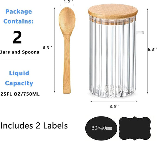 25 FL OZ Airtight Glass Jars with Bamboo Spoons Lids Overnight Oats Container Decorative Coffee Bar Food Storage Jar Cereal Nuts Salts Coffee Tea Flour Sugar Container Spice Jars (2Pack)