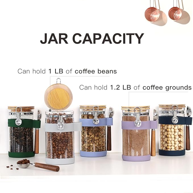 KKC HOME ACCENTS Airtight Clear Glass Food Storage Jar with Clamp Lid and Scoop,Glass Canister with Sealed Bamboo Lid for Loose Tea,Coffee Bean,Nut,Sugar,40 Fluid Ounce