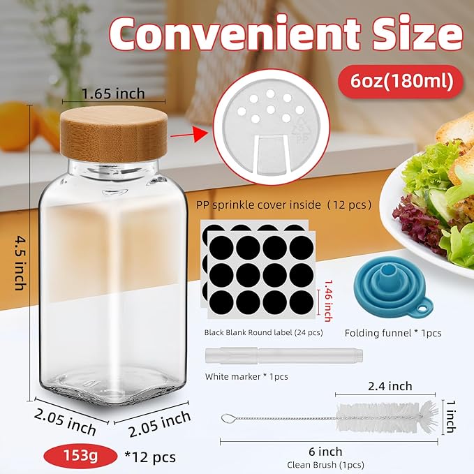 12Pcs 6oz Glass Spice Jars Bamboo Lids with Shaker Lids, Spice Jars Trial Set & Supplement Set, Empty Spice Containers and Square Spice Bottles for Kitchen (12)