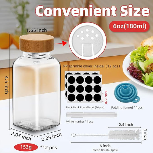 12Pcs 6oz Glass Spice Jars Bamboo Lids with Shaker Lids, Spice Jars Trial Set & Supplement Set, Empty Spice Containers and Square Spice Bottles for Kitchen (12)