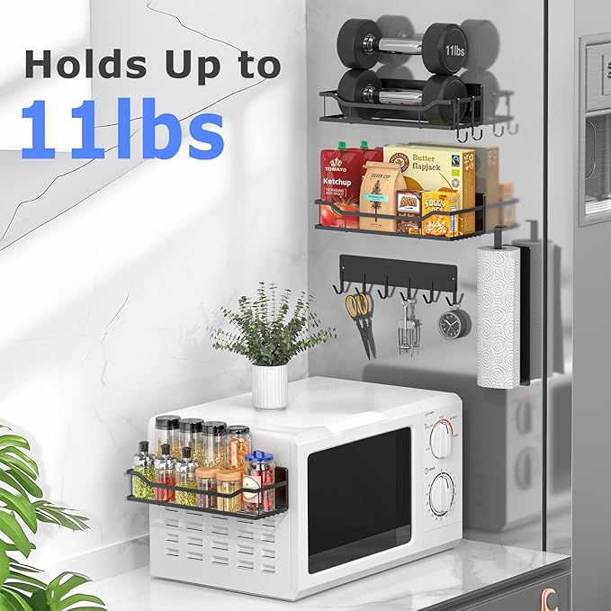Magnetic Spice Rack for Refrigerator, 5 Pack Metal Strong Magnetic Shelf for Oven，Moveable Spice Organizer with Paper Towel Holder and Metal Hooks, Fridge Organizers and Kitchen Storage (Black)
