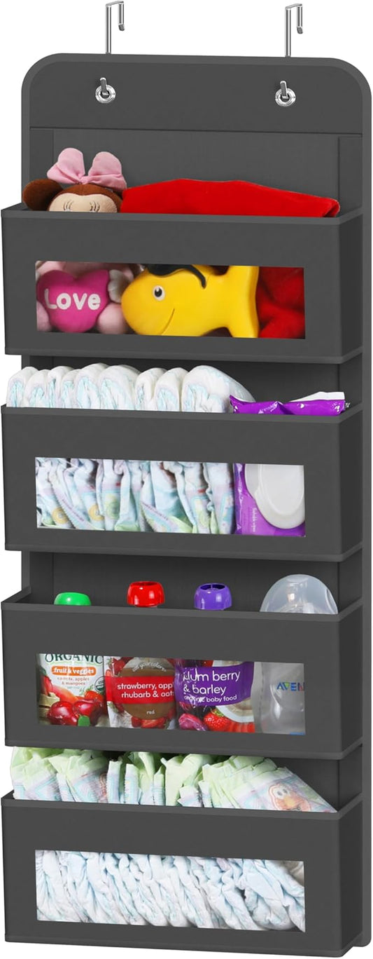 Simple Houseware 4 Clear Window Pocket Over Closet Door Storage Hanging Organizer for Bedroom, Bathroom, Pantry, Dark Grey