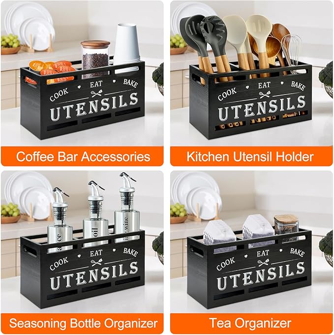 Extra Large Black Wood Utensil Holder Organizer Farmhouse Kitchen Decor Cutlery Spatula Holder Silverware Caddy Wooden Cooking Utensils Holder for Kitchen Countertop Utensil Crock Spoon Tools Holder